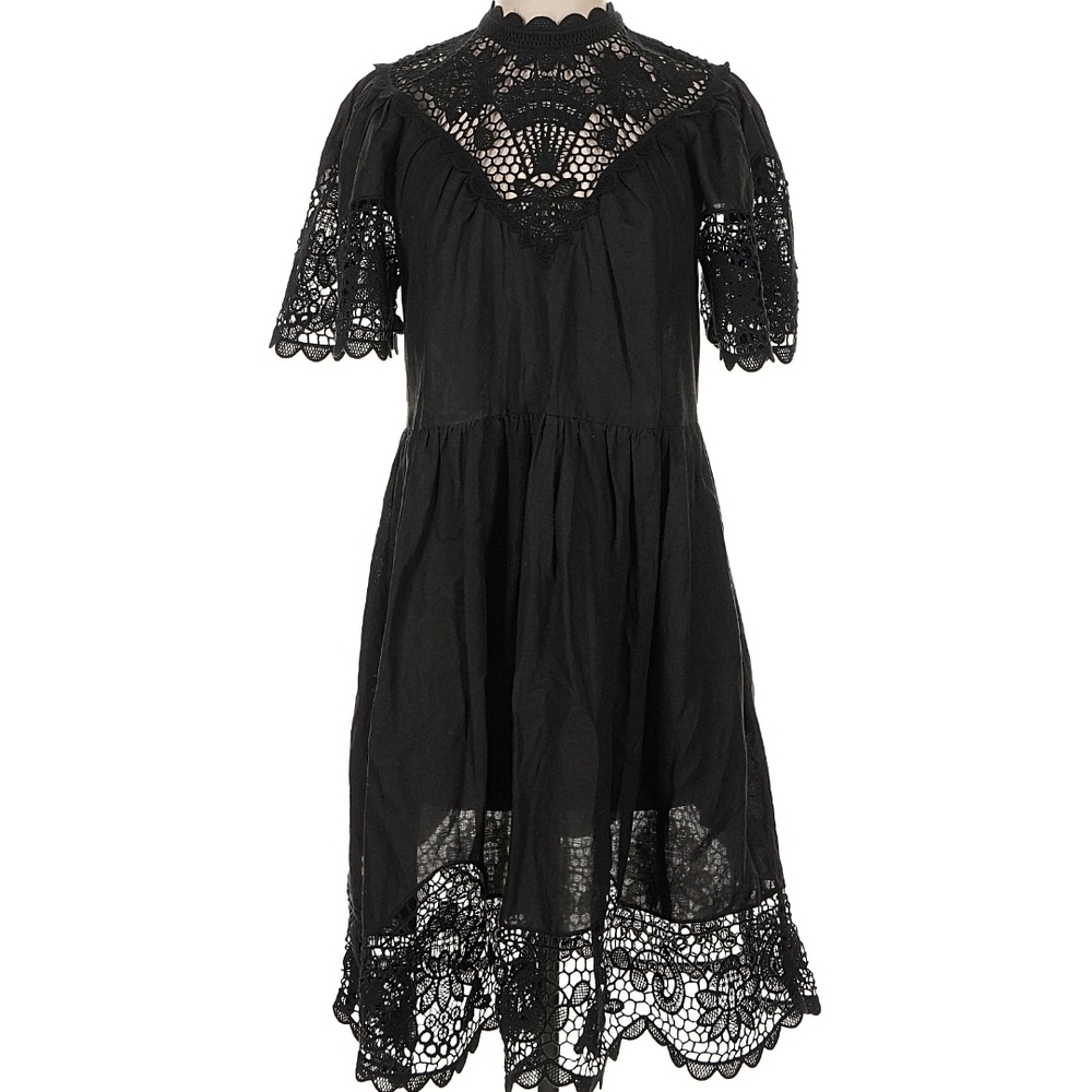 ULLA JOHNSON Black Lace-Trimmed Mini Dress Linen Blend TALLULAH Crochet Lace